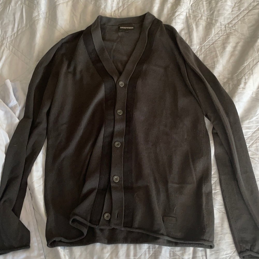emporio armanimens gray cardigan black trim detail